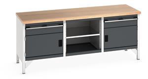 Bott Cubio Storage Workbench 2000mm wide x 750mm Deep x 840mm high supplied with a Multiplex (layered beech ply) worktop,2 x 150mm high drawers, 2 x 350mm high integral storage cupboards and 1 x mid section with full depth adjustable mid shelf. ... 2000mm Wide Storage Benches